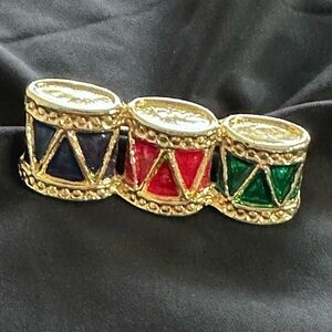 Host Pick Vintage 80s Blue Green Red Fringed Brooch Festive Gold Tone Boho